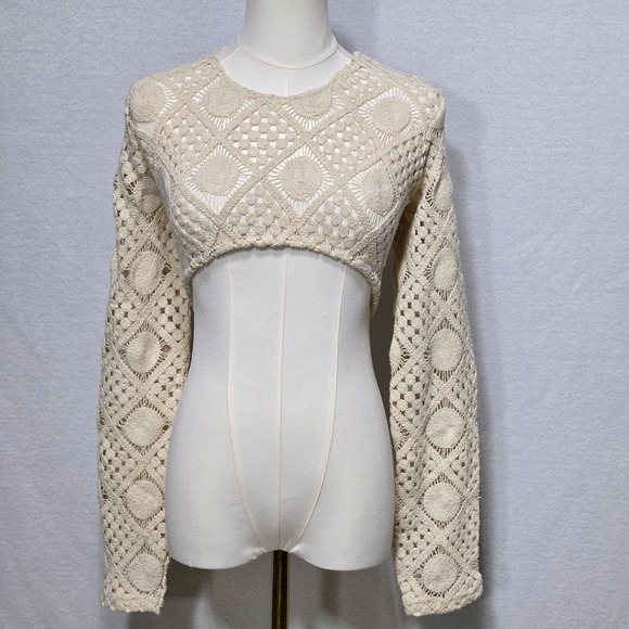 Andrea Iyamah Crochet Crop Top Womens Small Ivory Boho Long Sleeve Tie Back - Picture 3 of 8